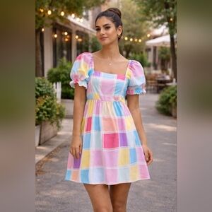 Pastel Plaid Puff-Sleeve Midi Dress - Pink Multi